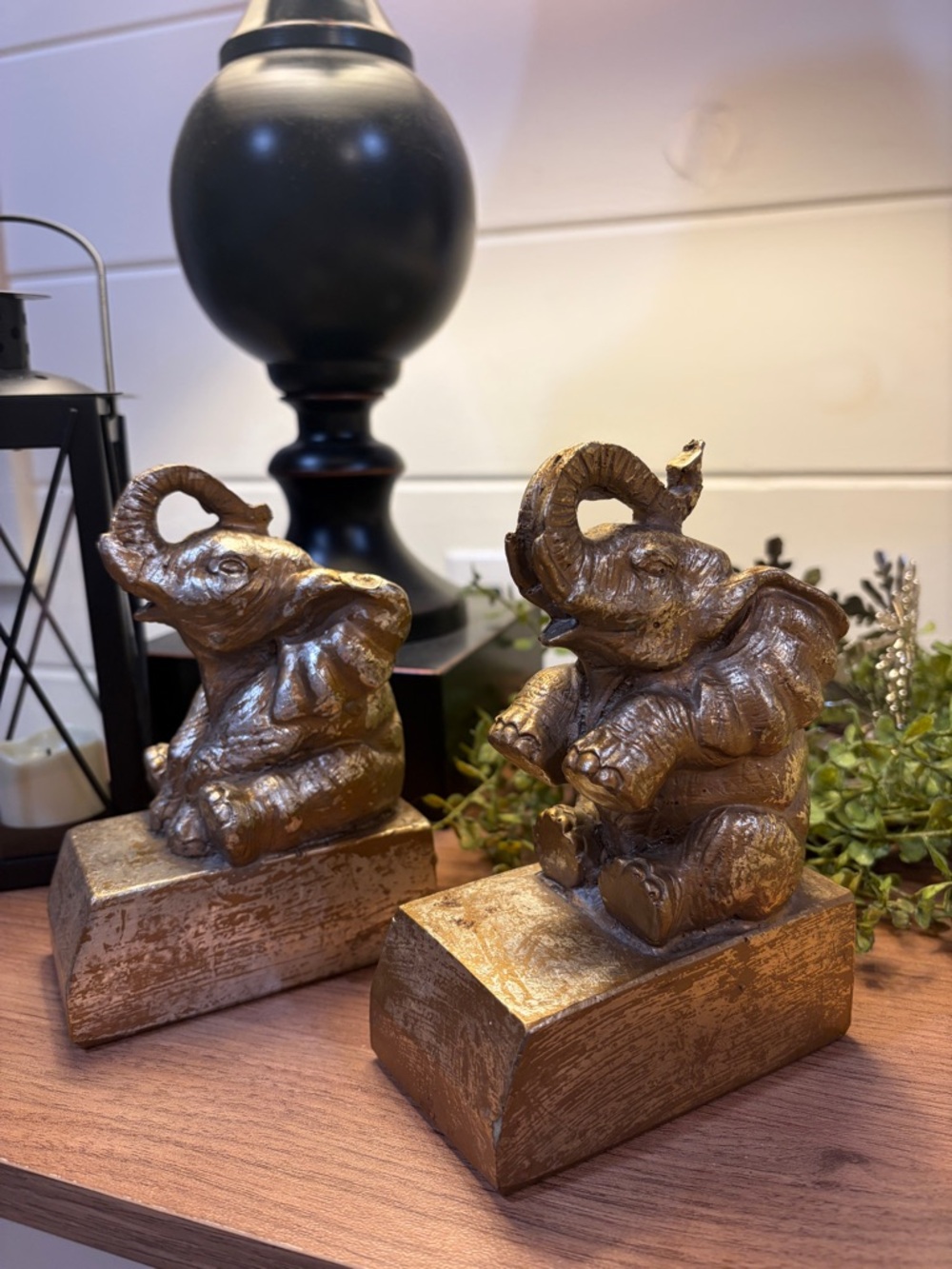 Vtg Pair of Bronze Asian Elephant Statue Figurines Book Ends Doorstops Standing
